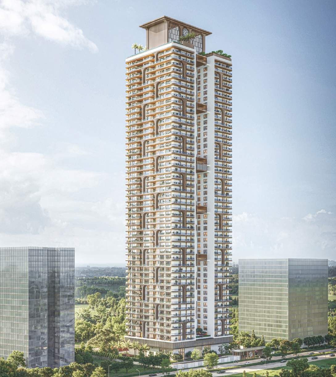 Golden Crest Infra tower against a clear Hyderabad sky